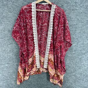 Rewind Top Women M Medium Red Floral Short Sleeve Open Front Breathable Casual